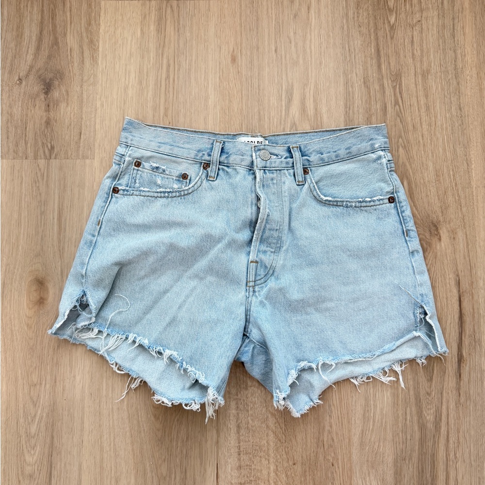 Agolde Light Blue Distressed High-Rise Denim Shorts